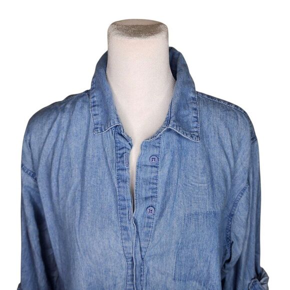 Taxi Shirt Dress Denim Jean Roll Tab Sleeve Womens 2XL Blue Raw Hem - Picture 2 of 11